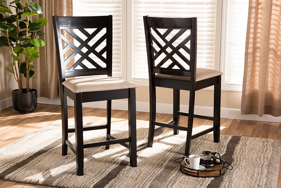 Baxton Studio Caron Modern and Contemporary Sand Fabric Upholstered Espresso Brown Finished Wood Counter Height 2-Piece Pub Chair Set