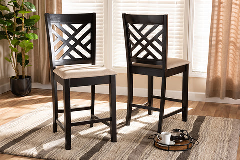 Baxton Studio Caron Modern and Contemporary Sand Fabric Upholstered Espresso Brown Finished Wood Counter Height 2-Piece Pub Chair Set