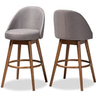 Baxton Studio Carra Mid-Century Modern Grey Fabric Upholstered Walnut-Finished Wood Swivel Bar Stool Set of 2