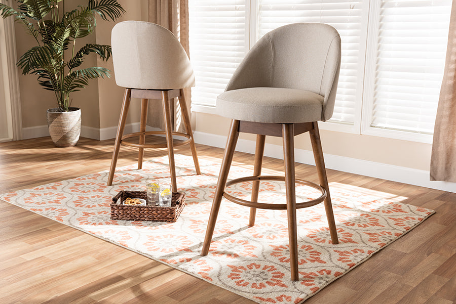 Baxton Studio Carra Mid-Century Modern Light Beige Fabric Upholstered Walnut-Finished Wood 2-Piece Swivel Bar Stool Set