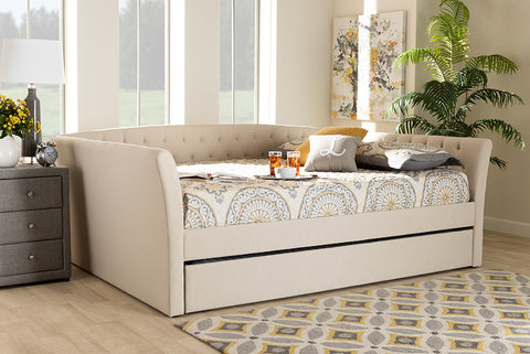 Baxton Studio Delora Modern and Contemporary Beige Fabric Upholstered Full Size Daybed with Roll-Out Trundle Bed