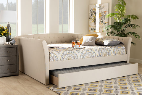 Baxton Studio Delora Modern and Contemporary Beige Fabric Upholstered Queen Size Daybed with Roll-Out Trundle Bed