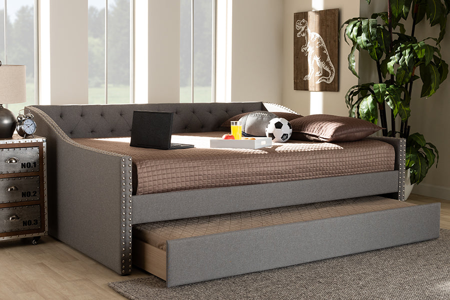 Baxton Studio Haylie Modern and Contemporary Light Grey Fabric Upholstered Queen Size Daybed with Roll-Out Trundle Bed