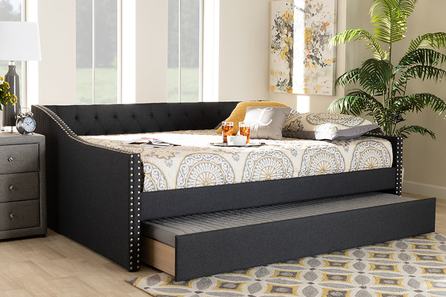 Baxton Studio Haylie Modern and Contemporary Dark Grey Fabric Upholstered Queen Size Daybed with Roll-Out Trundle Bed