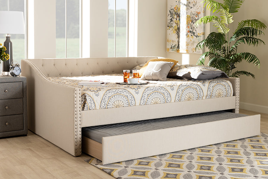 Baxton Studio Haylie Modern and Contemporary Beige Fabric Upholstered Full Size Daybed with Roll-Out Trundle Bed