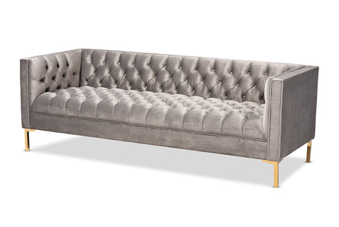 Baxton Studio Zanetta Glam and Luxe Gray Velvet Upholstered Gold Finished Sofa