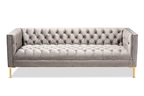 Baxton Studio Zanetta Glam and Luxe Gray Velvet Upholstered Gold Finished Sofa