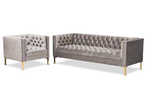Baxton Studio Zanetta Glam and Luxe Gray Velvet Upholstered Gold Finished 2-Piece Sofa and Lounge Chair Set