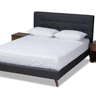 Baxton Studio Maren Mid-Century Modern Dark Grey Fabric Upholstered Queen Size Platform Bed with Two Nightstands