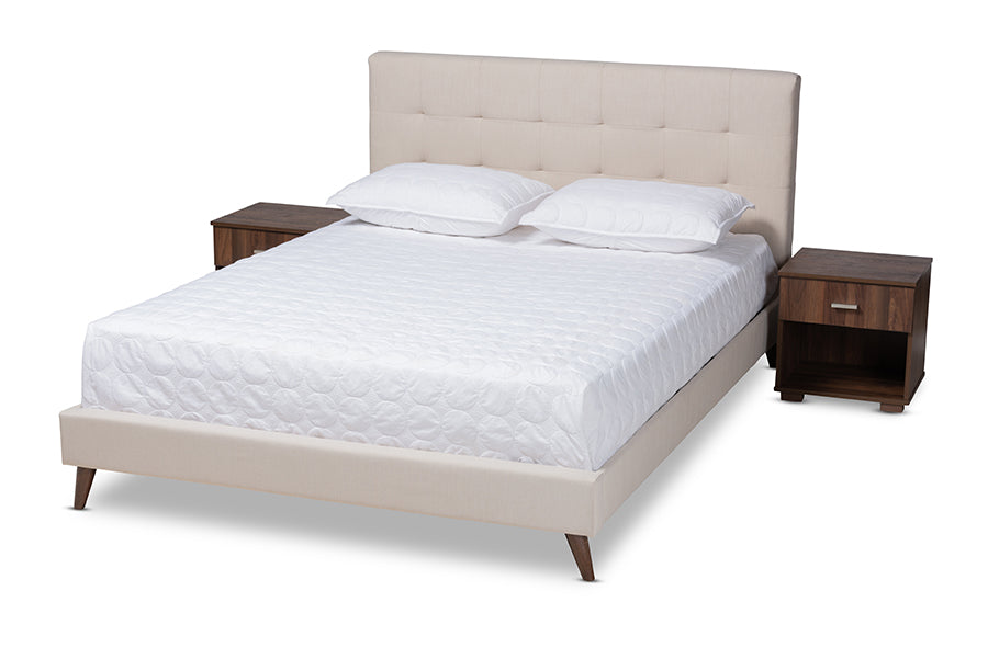 Baxton Studio Maren Mid-Century Modern Beige Fabric Upholstered Queen Size Platform Bed with Two Nightstands