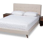 Baxton Studio Maren Mid-Century Modern Beige Fabric Upholstered Queen Size Platform Bed with Two Nightstands