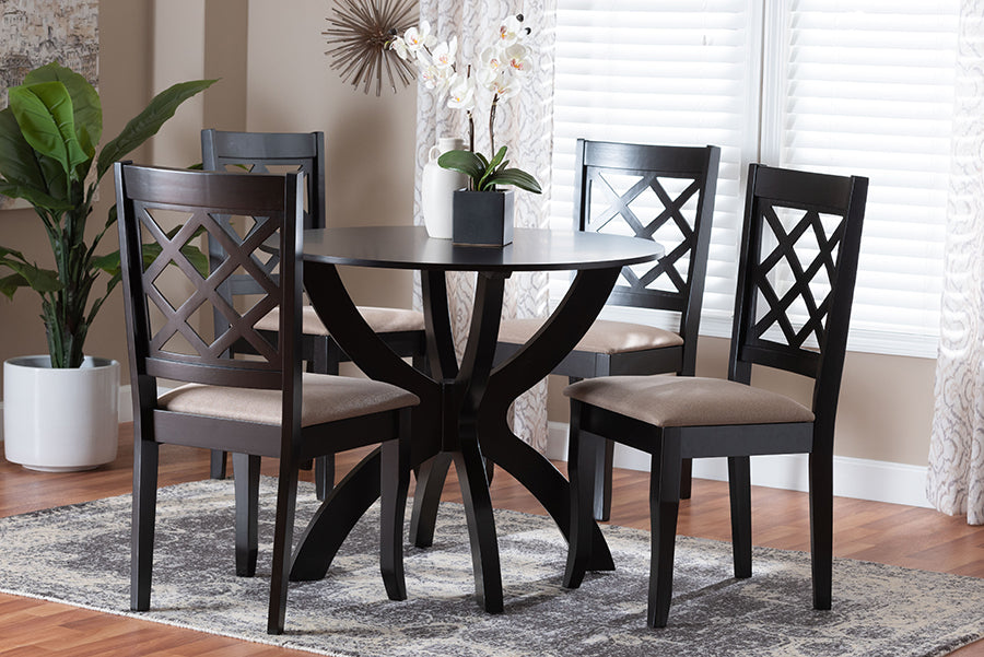 Baxton Studio Savina Modern Sand Fabric and Dark Brown Wood 5-Piece Dining Set