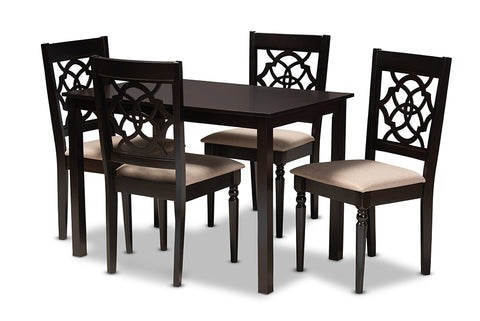 Baxton Studio Renaud Modern and Contemporary Sand Fabric Upholstered Espresso Brown Finished 5-Piece Wood Dining Set