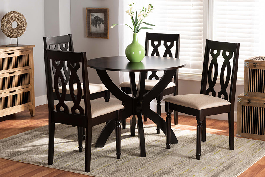 Baxton Studio Mona Modern and Contemporary Sand Fabric Upholstered and Dark Brown Finished Wood 5-Piece Dining Set