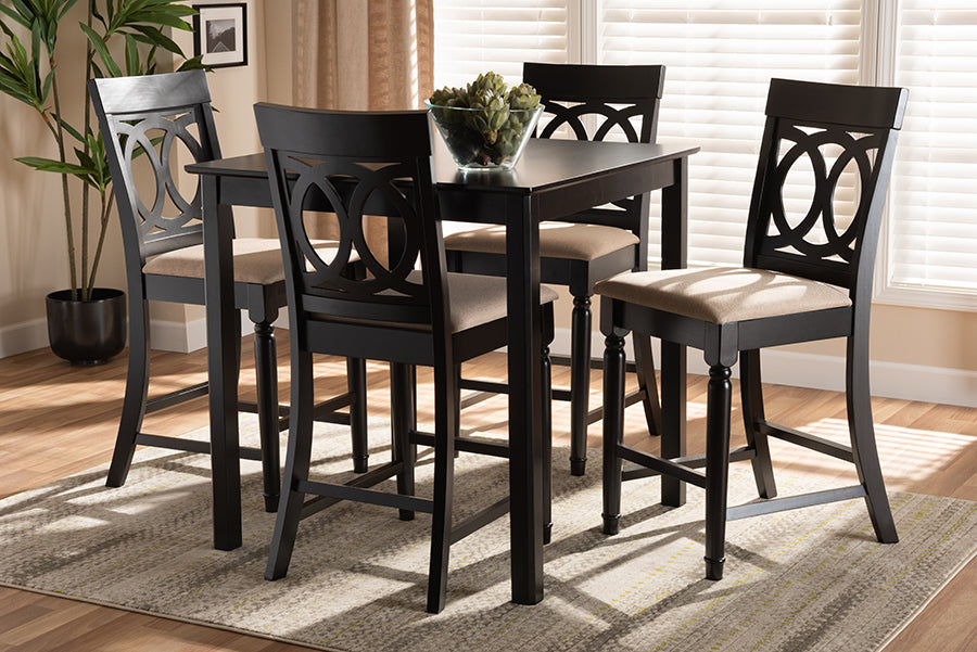 Baxton Studio Verina Modern and Contemporary Sand Fabric Upholstered Espresso Brown Finished 5-Piece Wood Pub Set