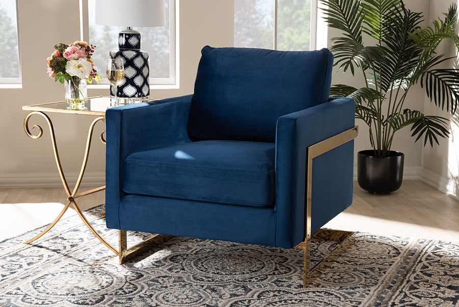 Baxton Studio Matteo Glam and Luxe Royal Blue Velvet Fabric Upholstered Gold Finished Armchair