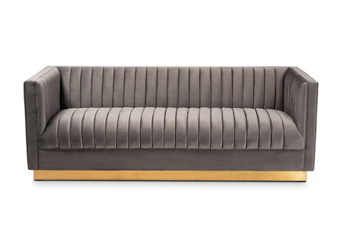 Baxton Studio Aveline Glam and Luxe Grey Velvet Fabric Upholstered Brushed Gold Finished Sofa