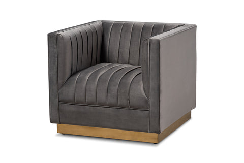 Baxton Studio Aveline Glam and Luxe Grey Velvet Fabric Upholstered Brushed Gold Finished Armchair