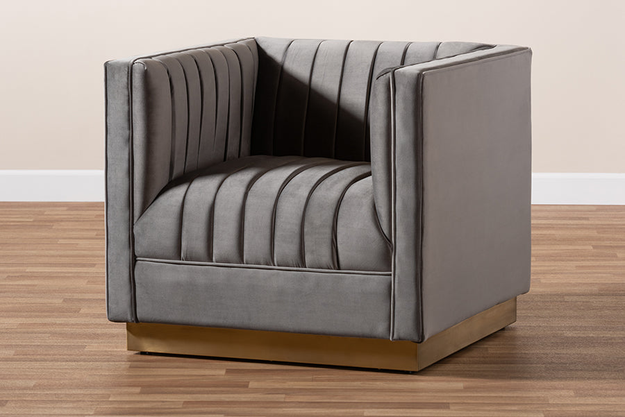 Baxton Studio Aveline Glam and Luxe Grey Velvet Fabric Upholstered Brushed Gold Finished Armchair