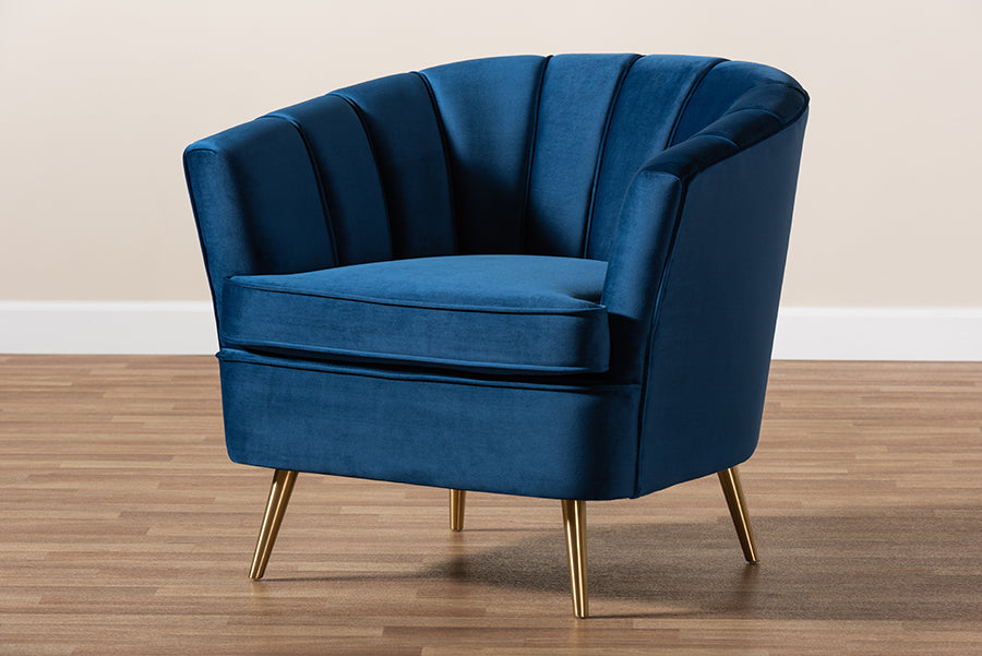 Baxton Studio Emeline Glam and Luxe Navy Blue Velvet Fabric Upholstered Brushed Gold Finished Accent Chair