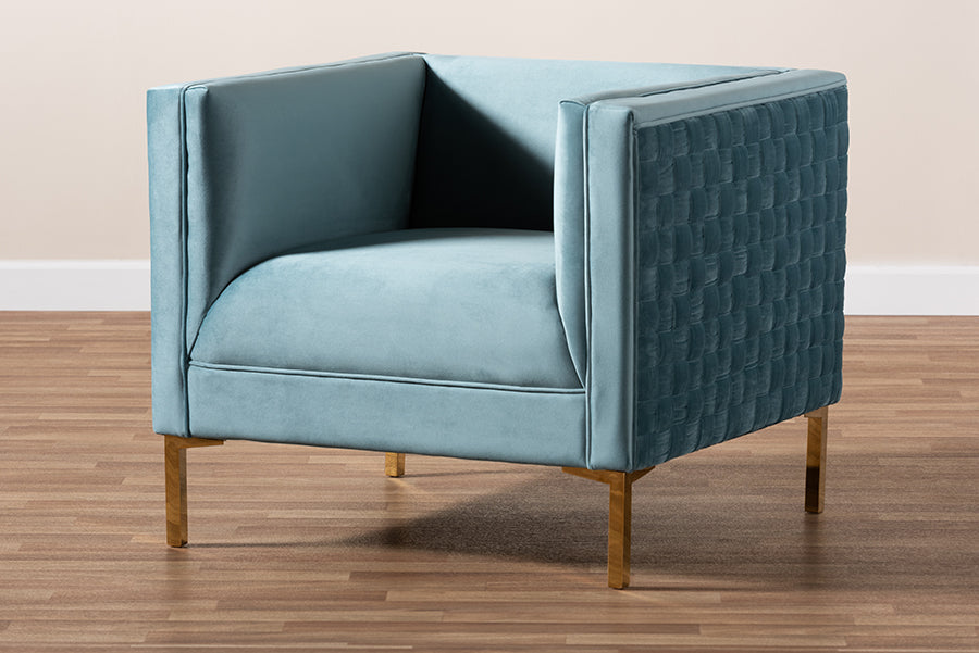 Baxton Studio Seraphin Glam and Luxe Light Blue Velvet Fabric Upholstered Gold Finished Armchair