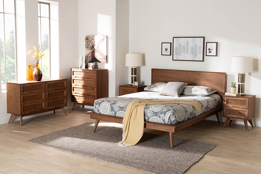 Baxton Studio Melora Mid-Century Modern Walnut Brown Finished Wood and Rattan Queen Size 5-Piece Bedroom Set
