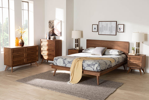 Baxton Studio Melora Mid-Century Modern Walnut Brown Finished Wood and Rattan Full Size 5-Piece Bedroom Set