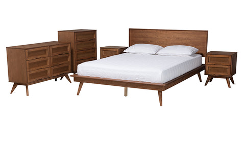 Baxton Studio Melora Mid-Century Modern Walnut Brown Finished Wood and Rattan Full Size 5-Piece Bedroom Set