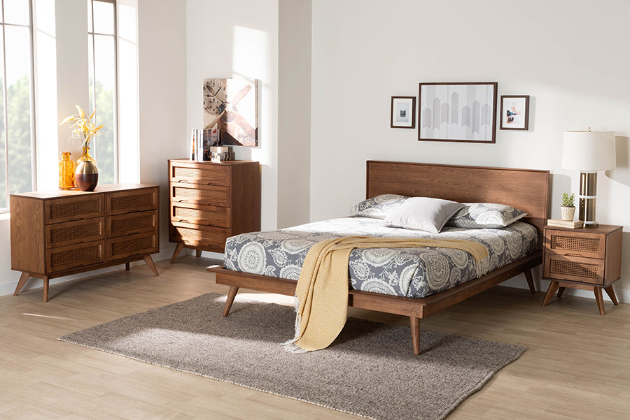 Baxton Studio Melora Mid-Century Modern Walnut Brown Finished Wood and Rattan King Size 4-Piece Bedroom Set