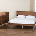 Baxton Studio Melora Mid-Century Modern Walnut Brown Finished Wood and Rattan King Size 4-Piece Bedroom Set