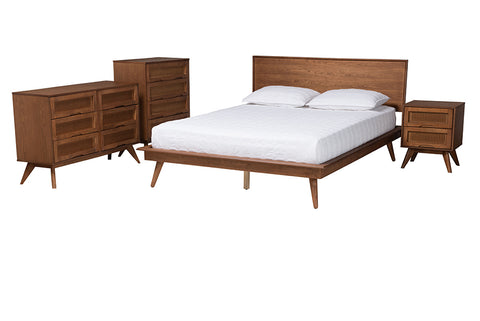 Baxton Studio Melora Mid-Century Modern Walnut Brown Finished Wood and Rattan Full Size 4-Piece Bedroom Set