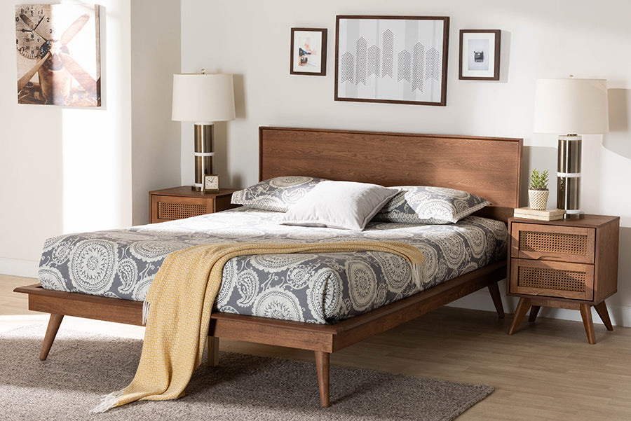 Baxton Studio Melora Mid-Century Modern Walnut Brown Finished Wood and Rattan Full Size 3-Piece Bedroom Set