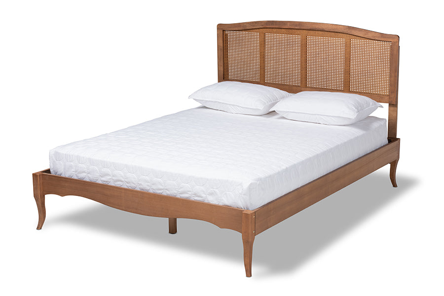 Baxton Studio Marieke Vintage French Inspired Ash Wanut Finished Wood and Synthetic Rattan Full Size Platform Bed