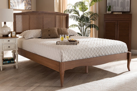 Baxton Studio Marieke Vintage French Inspired Ash Wanut Finished Wood and Synthetic Rattan Queen Size Platform Bed