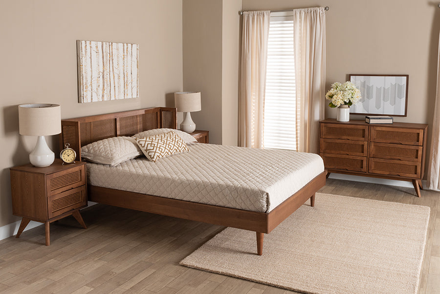 Baxton Studio Rina Mid-Century Modern Ash Walnut Finished Wood 4-Piece Queen Size Bedroom Set with Synthetic Rattan