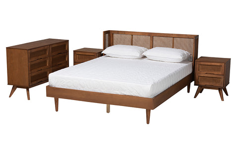 Baxton Studio Rina Mid-Century Modern Ash Walnut Finished Wood 4-Piece King Size Bedroom Set with Synthetic Rattan