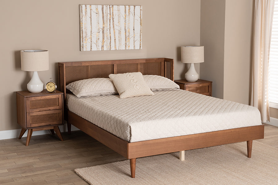 Baxton Studio Rina Mid-Century Modern Ash Walnut Finished Wood 3-Piece Full Size Bedroom Set with Synthetic Rattan