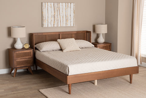 Baxton Studio Rina Mid-Century Modern Ash Walnut Finished Wood 3-Piece Queen Size Bedroom Set with Synthetic Rattan