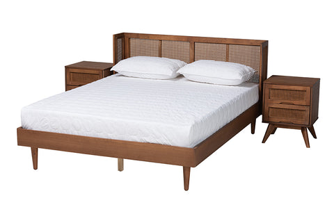 Baxton Studio Rina Mid-Century Modern Ash Walnut Finished Wood 3-Piece Queen Size Bedroom Set with Synthetic Rattan