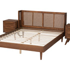 Baxton Studio Rina Mid-Century Modern Ash Walnut Finished Wood 3-Piece King Size Bedroom Set with Synthetic Rattan