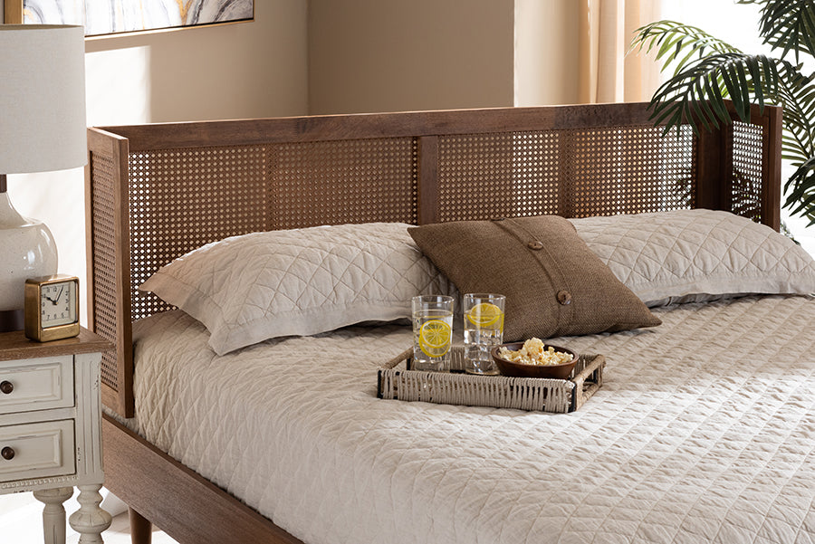 Baxton Studio Rina Mid-Century Modern Ash Wanut Finished Wood and Synthetic Rattan King Size Wrap-Around Headboard