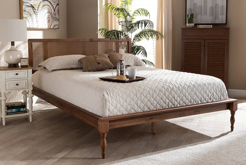Baxton Studio Romy Vintage French Inspired Ash Wanut Finished Wood and Synthetic Rattan Queen Size Platform Bed
