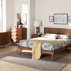 Baxton Studio Nura Mid-Century Modern Walnut Brown Finished Wood and Rattan Full Size 5-Piece Bedroom Set