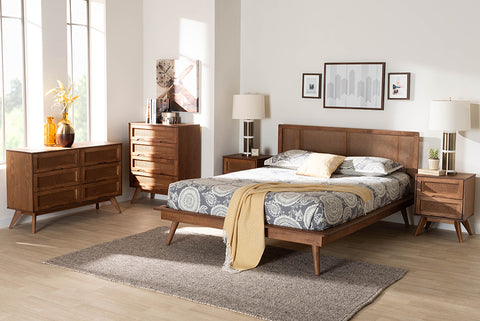 Baxton Studio Nura Mid-Century Modern Walnut Brown Finished Wood and Rattan Full Size 5-Piece Bedroom Set