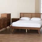 Baxton Studio Nura Mid-Century Modern Walnut Brown Finished Wood and Rattan Full Size 5-Piece Bedroom Set