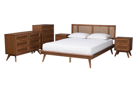 Baxton Studio Nura Mid-Century Modern Walnut Brown Finished Wood and Rattan Full Size 5-Piece Bedroom Set