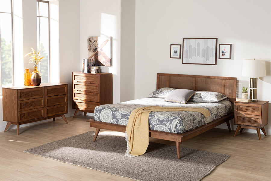 Baxton Studio Nura Mid-Century Modern Walnut Brown Finished Wood and Rattan Full Size 4-Piece Bedroom Set