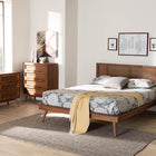 Baxton Studio Nura Mid-Century Modern Walnut Brown Finished Wood and Rattan Full Size 4-Piece Bedroom Set