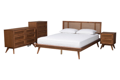 Baxton Studio Nura Mid-Century Modern Walnut Brown Finished Wood and Rattan King Size 4-Piece Bedroom Set