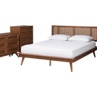 Baxton Studio Nura Mid-Century Modern Walnut Brown Finished Wood and Rattan Queen Size 4-Piece Bedroom Set